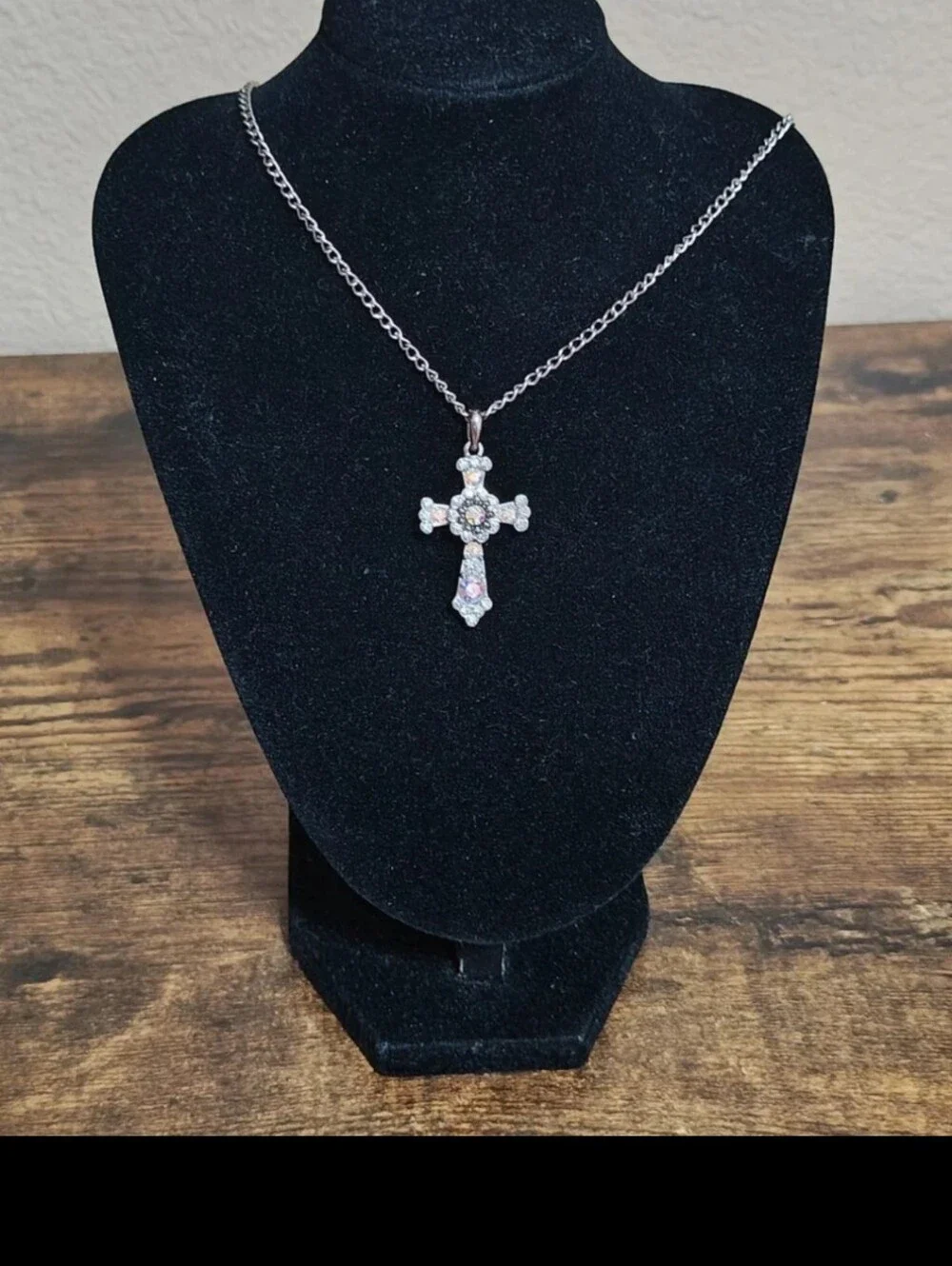 1990s Filigree With Aurora Borealis Rhinestones Silver Tone Cross Necklace
